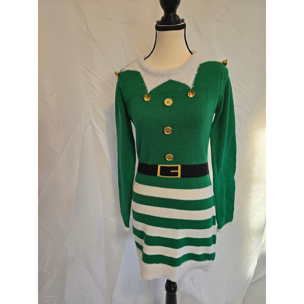 MerryWear Elf Ugly Christmas Sweater Dress Green White Striped Bell Accent Sz S